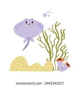 Cute underwater world with sea stingray and seaweed in cartoon style. Funny deep ocean character. Colored flat vector illustration isolated on white background