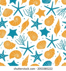 Cute underwater world seamless pattern. Textured seashells, starfish, and seaweed or coralson. Vector shabby hand drawn sea illustration