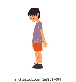 Cute Unhappy Boy, Sad Child in Shorts and Tshirt Vector Illustration