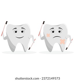 Cute unhappy character unhealthy sick tooth mascot holding toothbrush vector cartoon illustration