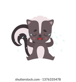 Cute Unhappy Little Skunk Crying with Tears, Adorable Baby Animal Cartoon Character Vector Illustration