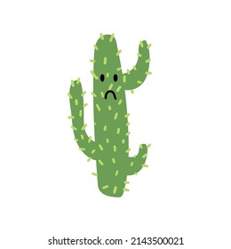 Cute unhappy prickly cactus succulent flat vector with opuntia plant, needles. Desert nursery decoration design elements for textile, label, stickers, baby shower.
