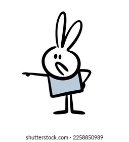 Cute unhappy rabbit points with finger funny bunny. Vector illustration of farm animal pet on easter holidays.