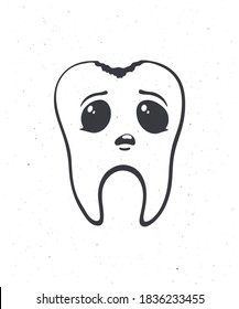 Cute unhealthy human tooth with sad eyes and caries. Outline. Vector illustration. Dental decay. Symbol of somatology and oral hygiene. Hand drawn sketch. Isolated white background