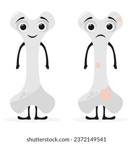 Cute unhealthy sick sad bone cartoon character in flat design on white background.