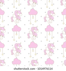 Cute unicon with wing and pink cloud with rain star seamless pattern on white background and gray polka dot.