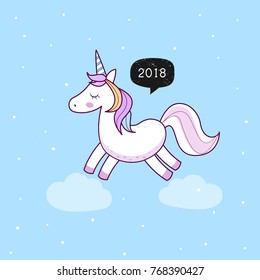 Cute unicorn. 2018 New year. Vector.