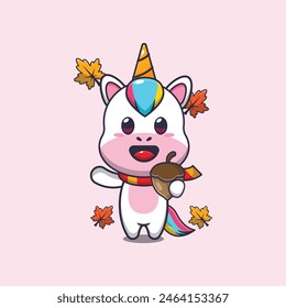 Cute unicorn with acorns at autumn season. Mascot cartoon vector illustration suitable for poster, brochure, web, mascot, sticker, logo and icon.