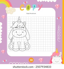 Cute Unicorn activities for kids. Copy the picture – little pony. Logic games for children. Coloring page. Vector illustration. Book square format.