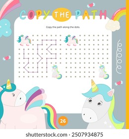 Cute unicorn activities for kids. Copy the path for little pony. Logic games for children. Vector illustration. Book square format.