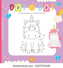 Lindas actividades de Unicornio para niños. Juego de punto a punto – Funny Pony. Conecta los puntos. Juegos de números para niños. Página para colorear. Ilustración vectorial.