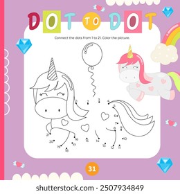 Lindas actividades de Unicornio para niños. Juego de punto a punto - bonito Pony. Conecta los puntos. Juegos de números para niños. Página para colorear. Ilustración vectorial.