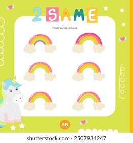 Cute unicorn activities for kids. Find two same rainbows. Logic games for kids. Vector illustration. Square Activity Book. Game to boost attention and focus.