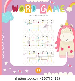 Cute Unicorn activities for kids. Find the hidden words in mixed letters. Logic games for children. Vector illustration. Square page for Activity Book.