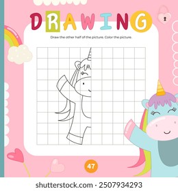 Cute unicorn activities for kids. Finish the picture – pretty pony. Logic games for children. Square Coloring page. Vector illustration. Game learn the principles of symmetry.