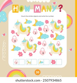 Cute  Unicorn activities for kids. How many. Count the number of objects. Vector illustration. Book square format. Math game for learning counting.