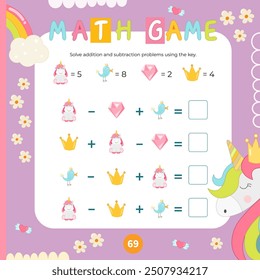 Cute  Unicorn activities for kids. Solve arithmetic problems using the key. Vector illustration. Book square format. Math game for learning counting.