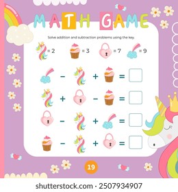 Lindas actividades de Unicornio para niños. Resuelve problemas aritméticos usando la tecla. Ilustración vectorial. Formato cuadrado del libro. Juego de matemáticas para aprender a contar.