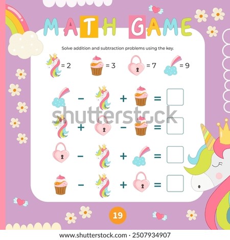 Cute  Unicorn activities for kids. Solve arithmetic problems using the key. Vector illustration. Book square format. Math game for learning counting.