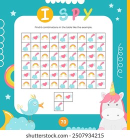 Cute Unicorn activities for kids. I spy game. Find the combination in table. Logic games for children. Vector illustration. Game to boost attention and focus.