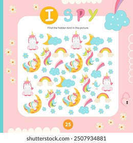 Cute Unicorn activities for kids. I spy game. Find the hidden bird. Logic games for children. Vector illustration. Game to boost attention and focus.