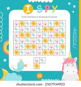 Cute Unicorn activities for kids. I spy game. Find the combination in table. Logic games for children. Vector illustration. Game to boost attention and focus.