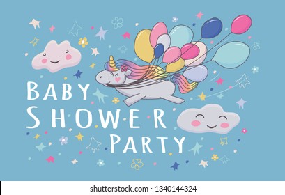 Cute unicorn with air ballons and clouds for baby shower party invitation. Doodle card. Fantasy colorful card. Dream symbol. Birthday party. 