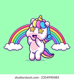 Cute Unicorn Amazed With Rainbow Cartoon Vector Icon Illustration. Animal Nature Icon Concept Isolated Premium Vector. Flat Cartoon Style