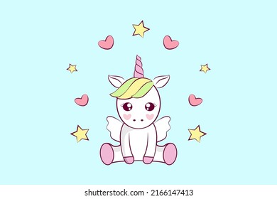 Cute unicorn among hearts and stars. Ready to use and editable template for children and adults.