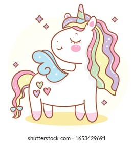 Cute Unicorn angel vector pony child cartoon, Kawaii animal horse horn character, Girly doodles Fairytales magic (Illustration): Nursery Wall, hand drawn. Perfect kid greeting card, Print t shirt.