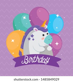 cute unicorn animal with balloon and ribbon