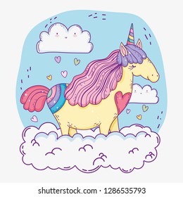 cute unicorn animal in the clouds with hearts