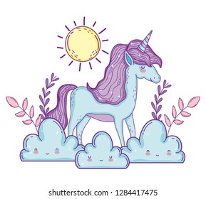 cute unicorn animal i the clouds with sun