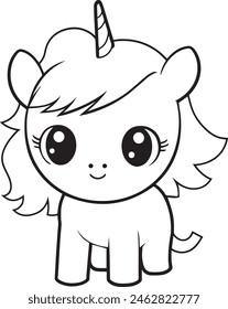 Cute Unicorn Animal for Coloring Book, Black and White Cartoon Illustration