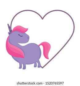 cute unicorn animal with frame in shape heart