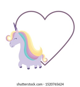 cute unicorn animal with frame in shape heart