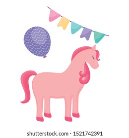 cute unicorn animal with garlands and balloon helium vector illustration design