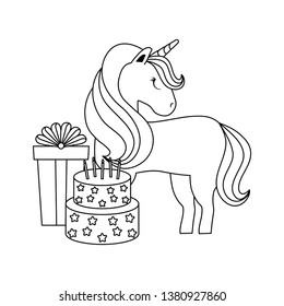 cute unicorn animal with gift box and cake of birthday