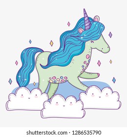 cute unicorn animal with hair in the clouds