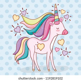 cute unicorn animal with hearts and hairstyle