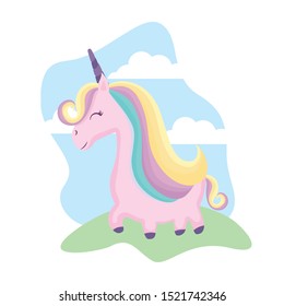 cute unicorn animal in landscape vector illustration design