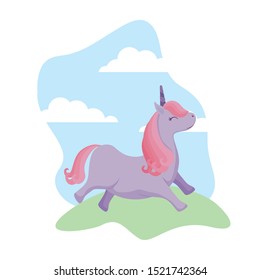 cute unicorn animal in landscape vector illustration design