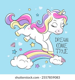 Cute unicorn. Animal print for clothes and fabric. Cartoon character. blue