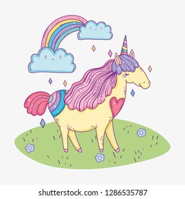 cute unicorn animal with rainbow and clouds
