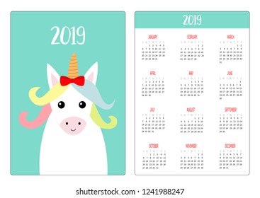 Cute unicorn animal. Red bow. Simple pocket calendar layout 2019 new year. Week starts Sunday. Cartoon character. Vertical orientation. Flat design. Green background. Vector illustration