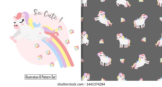 cute unicorn animal seamless pattern with illustration card set