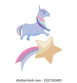 cute unicorn animal with shooting star vector illustration design