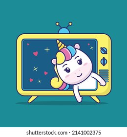  cute unicorn appears from inside the television, suitable for children's books, birthday cards, valentine's day, stickers, book covers, greeting cards, printing.