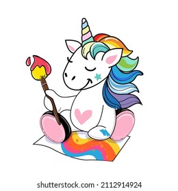 Cute unicorn artist draws a rainbow on a white background. Vector cartoon illustration. Kawaii style