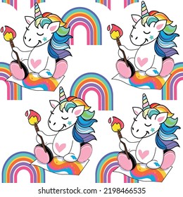 Cute unicorn artist draws a rainbow on a white background seamless pattern. Vector cartoon illustration. Kawaii style